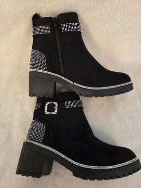 Black Ankle Boots with Rhinestone Trim - Women